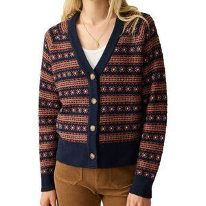 Faherty Navy Highland Fair Isle Cardigan Large Academia Cottage Preppy Boho EUC
